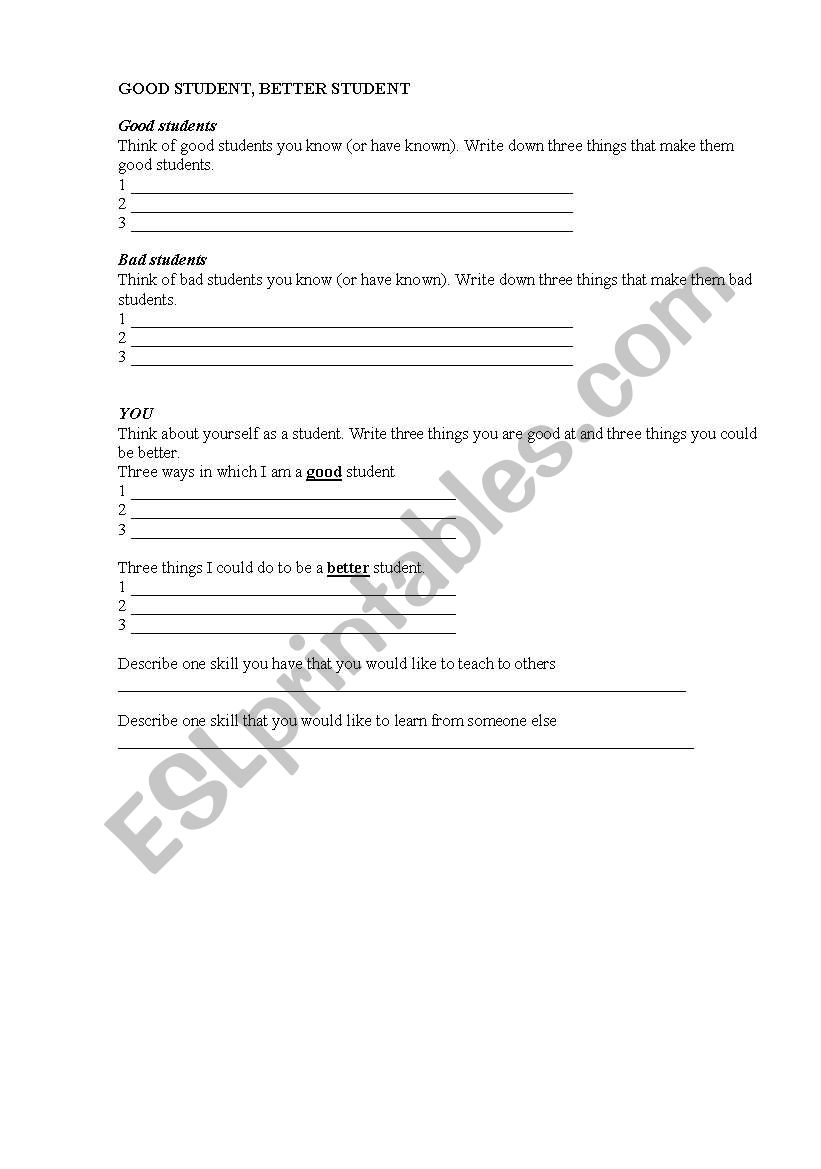 good, bad students worksheet