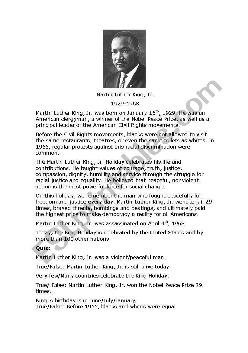 Martin Luther King, Jr. Reading and Quiz