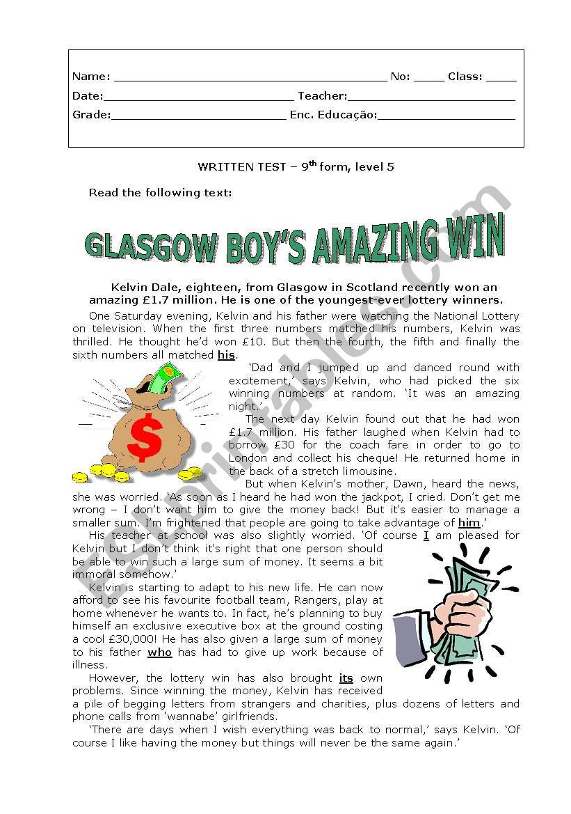 Glasgow boys amazing win worksheet