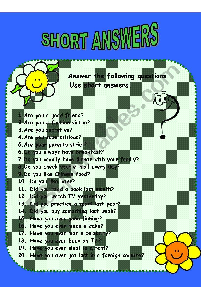 A 20 questions questionnaire - Short answers 