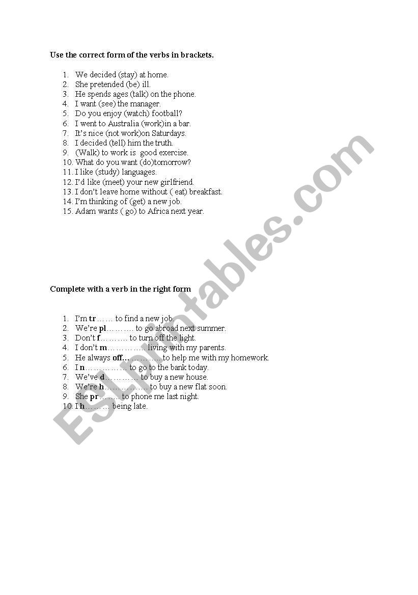 infinitive worksheet