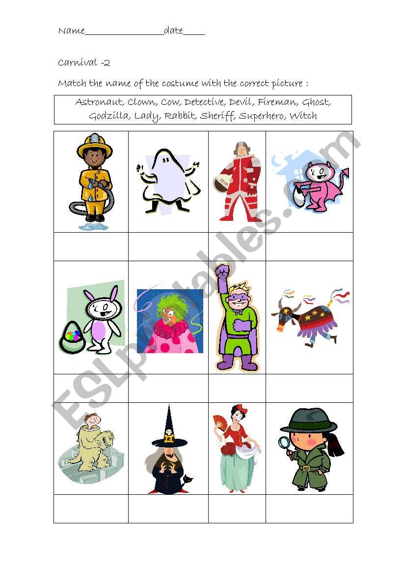 Carnival costumes worksheet