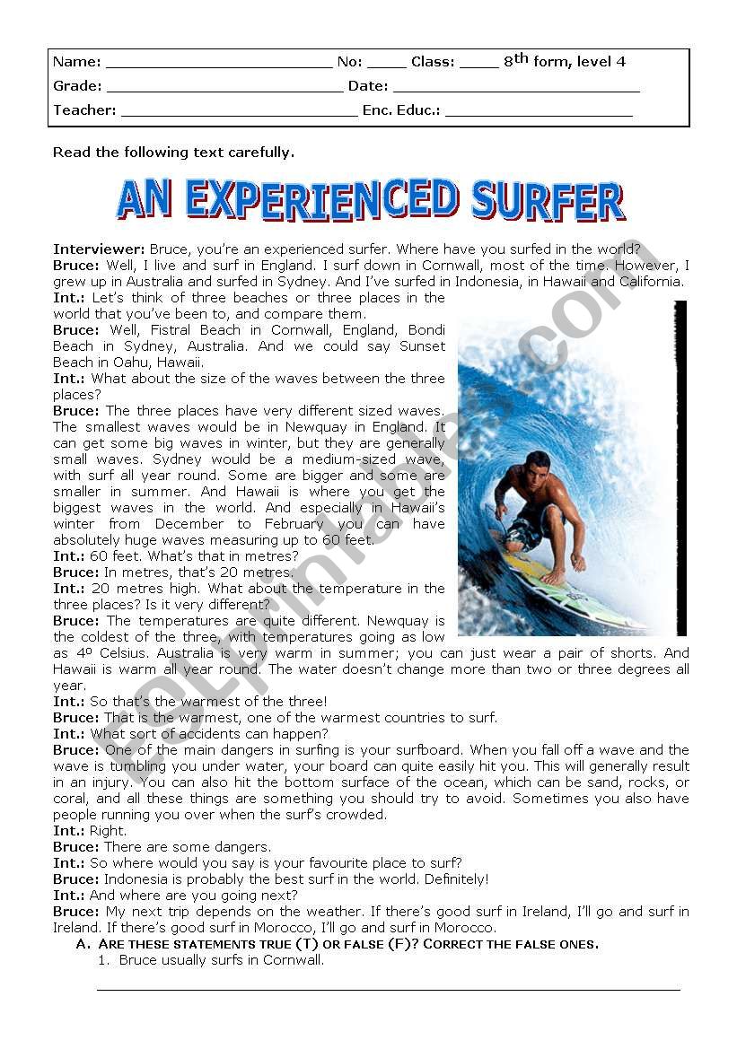 An experienced surfer worksheet