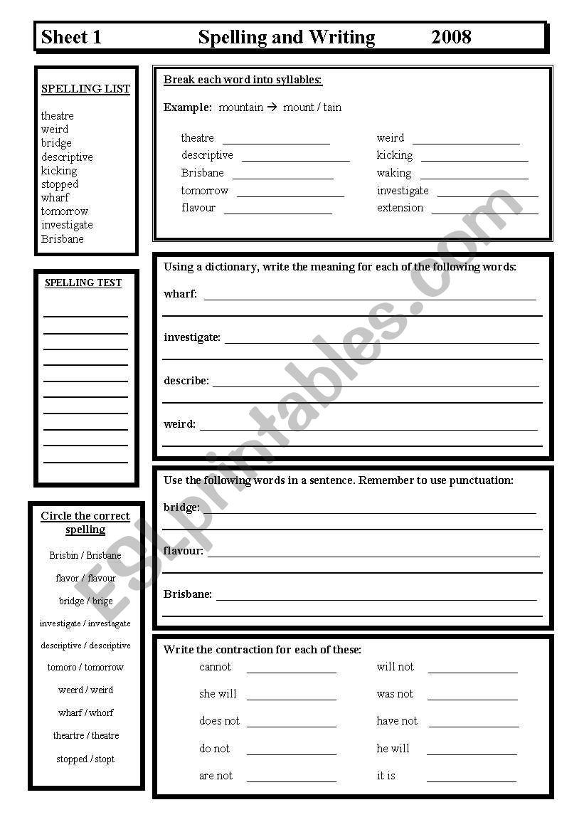 Spelling & Writing worksheet