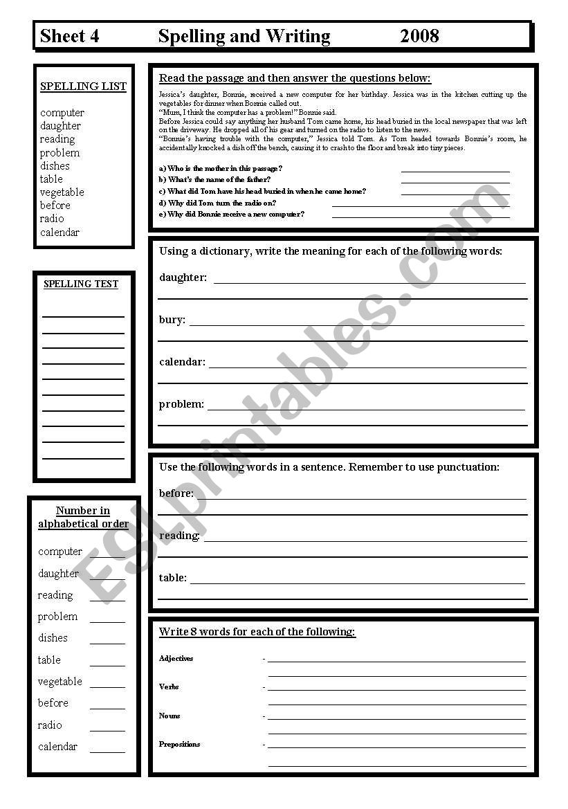 Spelling & Writing worksheet