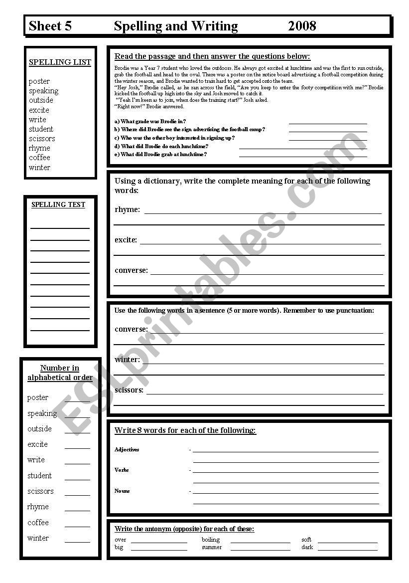 Spelling & Writing worksheet