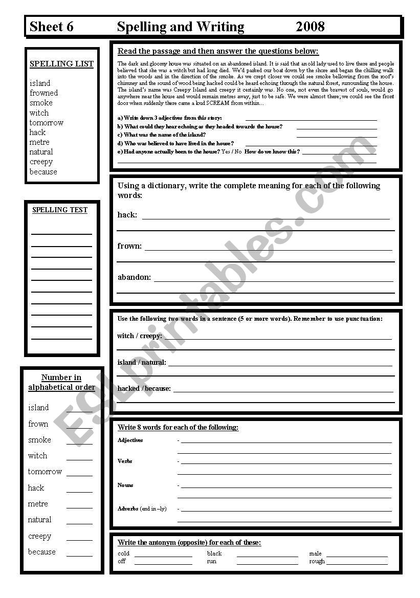 Spelling & Writing worksheet