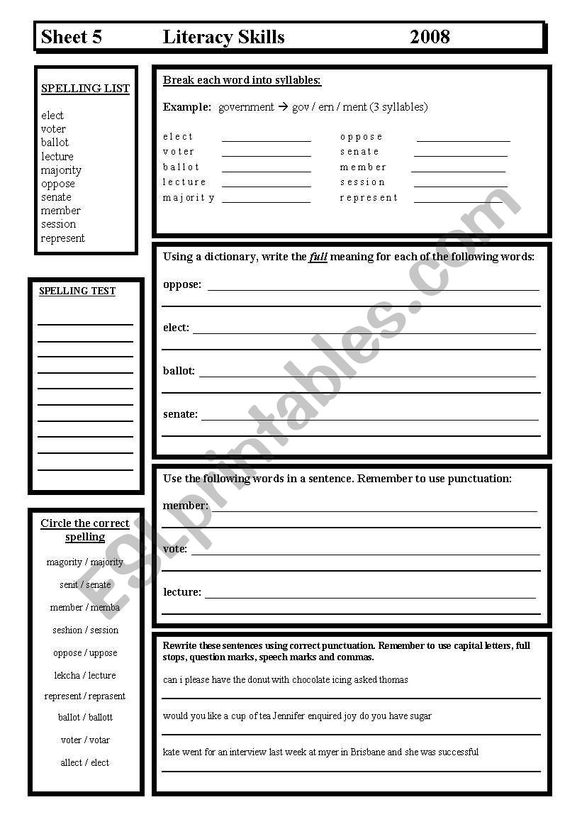 Literacy Skills worksheet