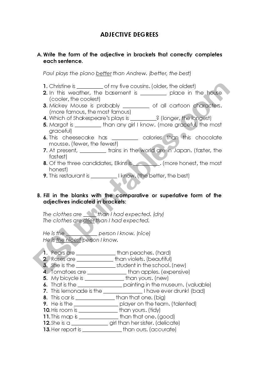 Adjective degrees worksheet