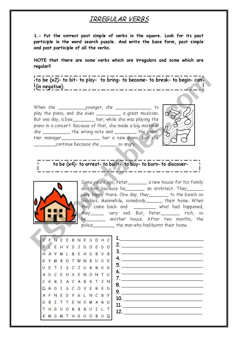 sentences and word search puzzle with regular and irregular verbs (past simple & past participle) 