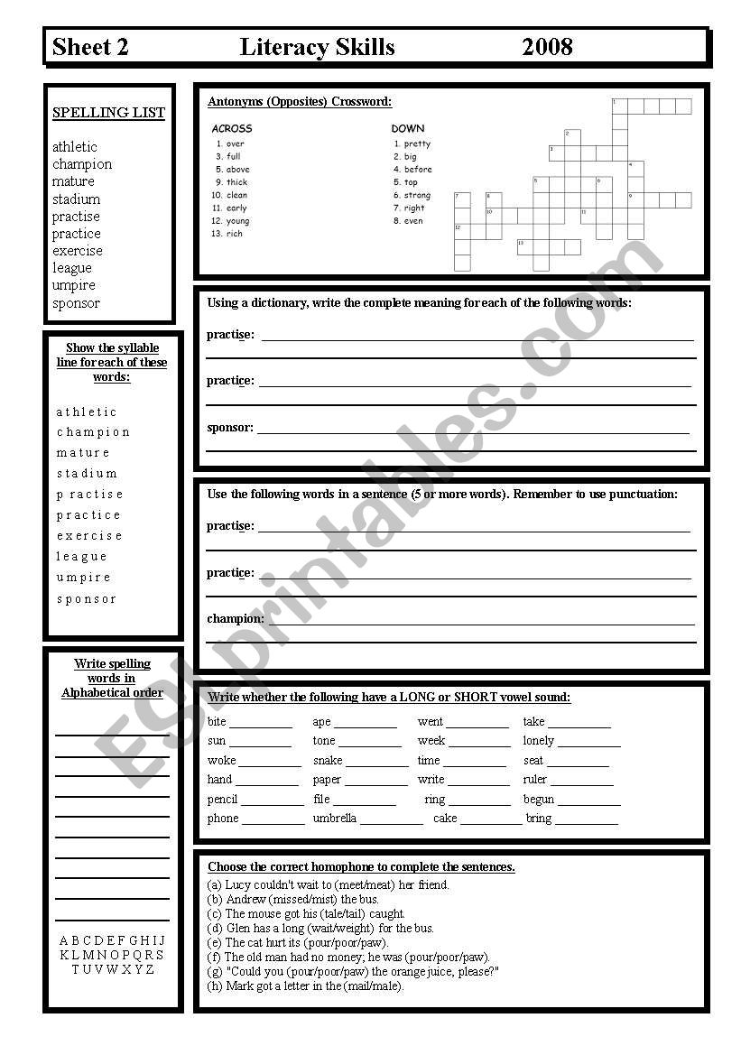 Literacy Skills worksheet