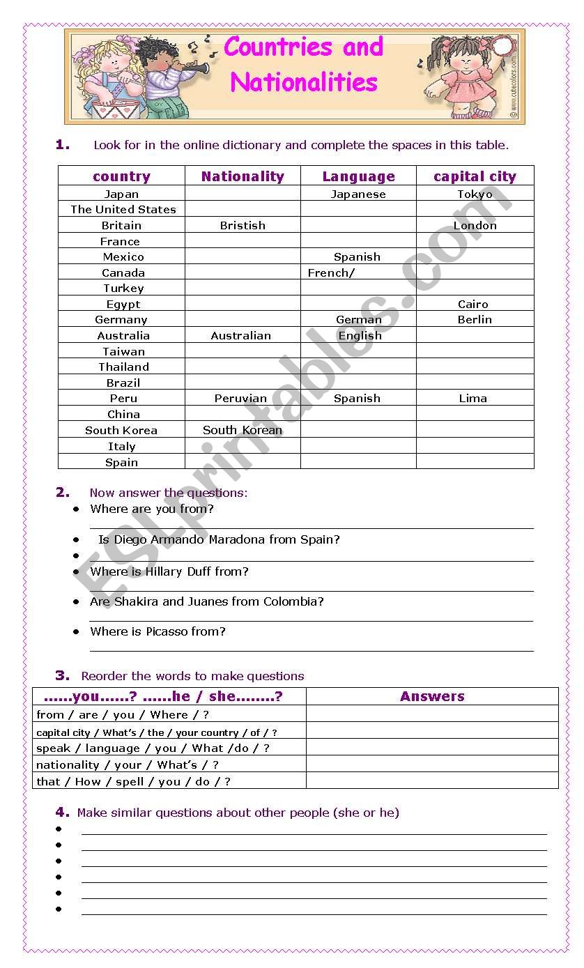 Countries and Nationalities worksheet