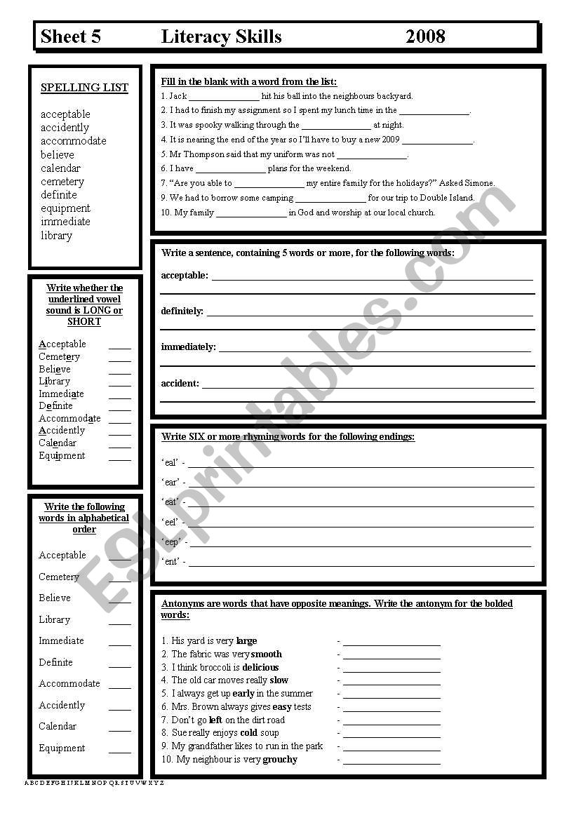 Literacy Skills worksheet