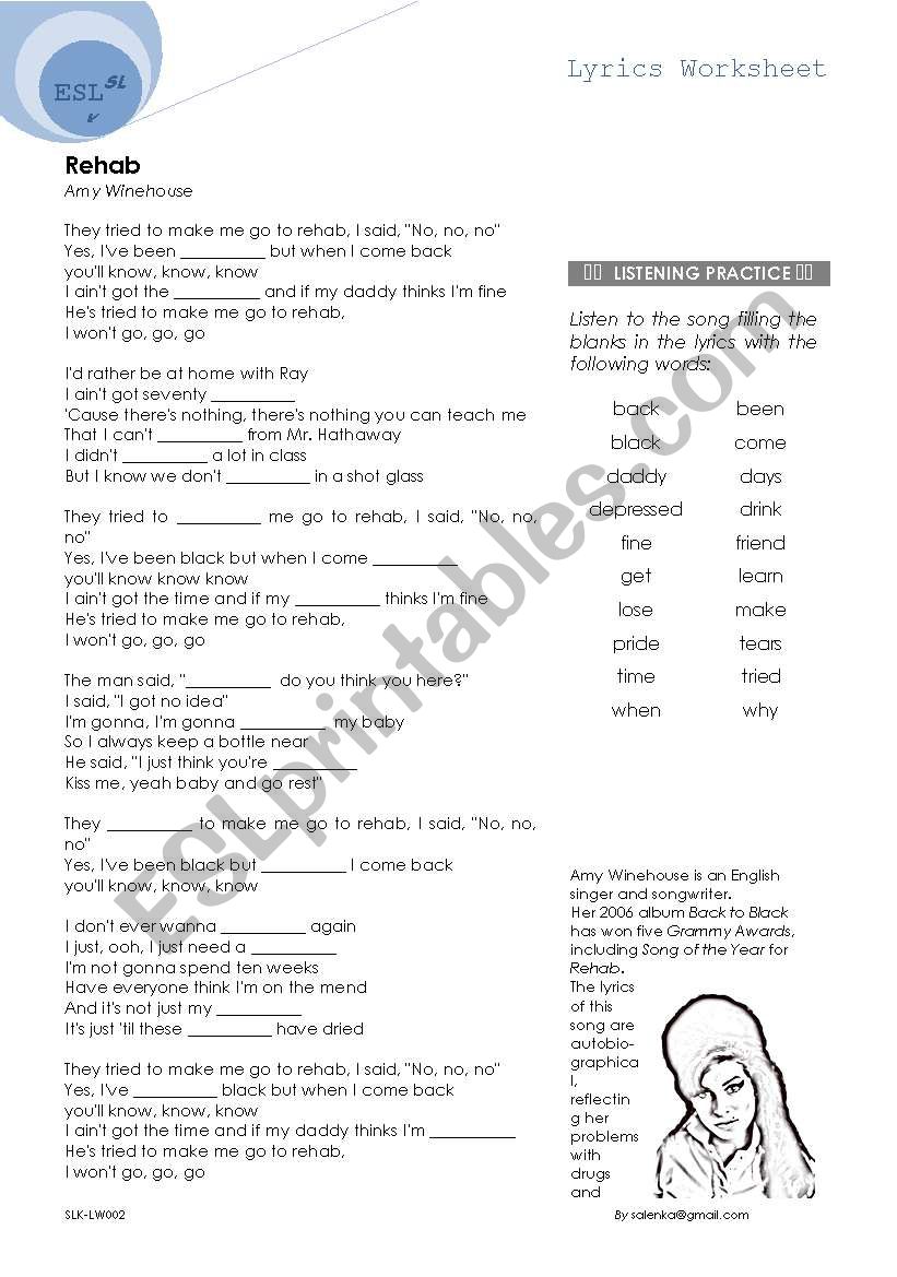 Lyrics worksheet - Rehab - Amy Winehouse