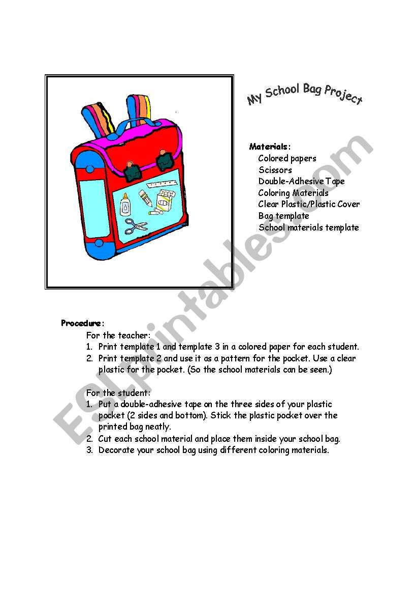 My School Bag Project worksheet