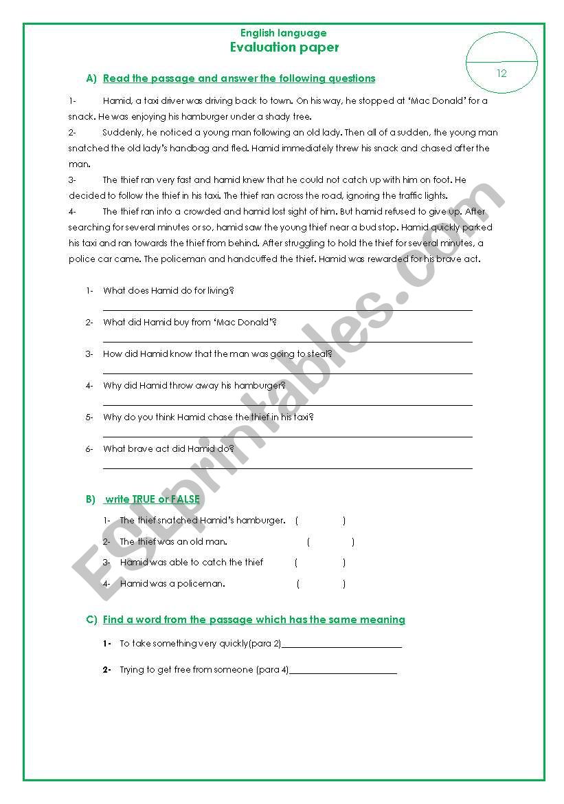 reading comprehension worksheet