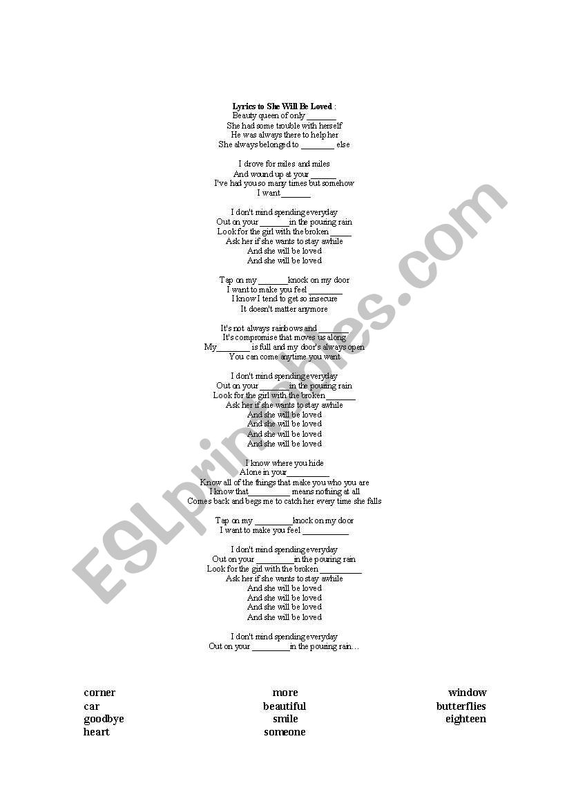 Maroon 5-She will be loved worksheet