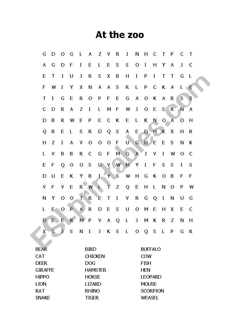 At the zoo- word search worksheet