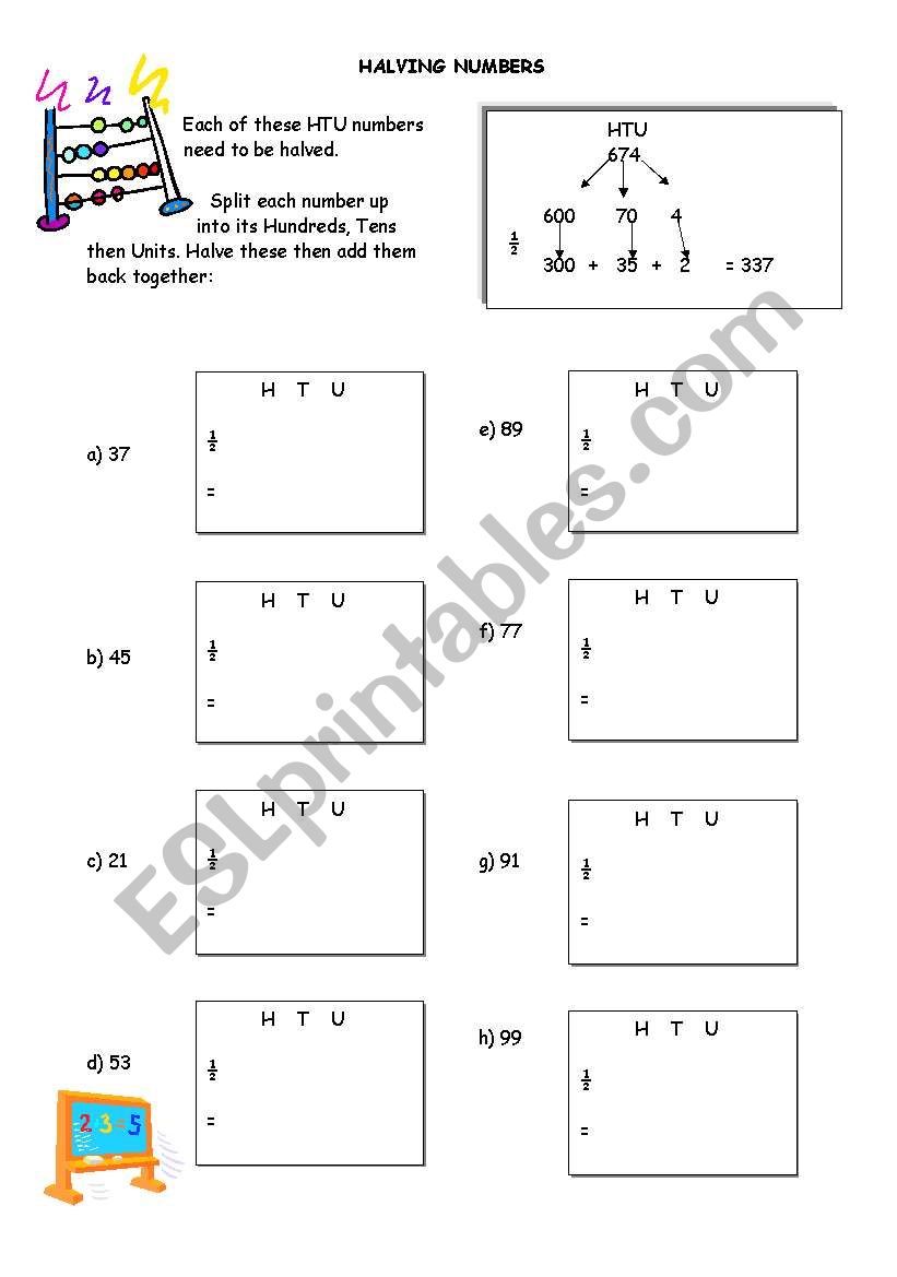 Halving numbers worksheet