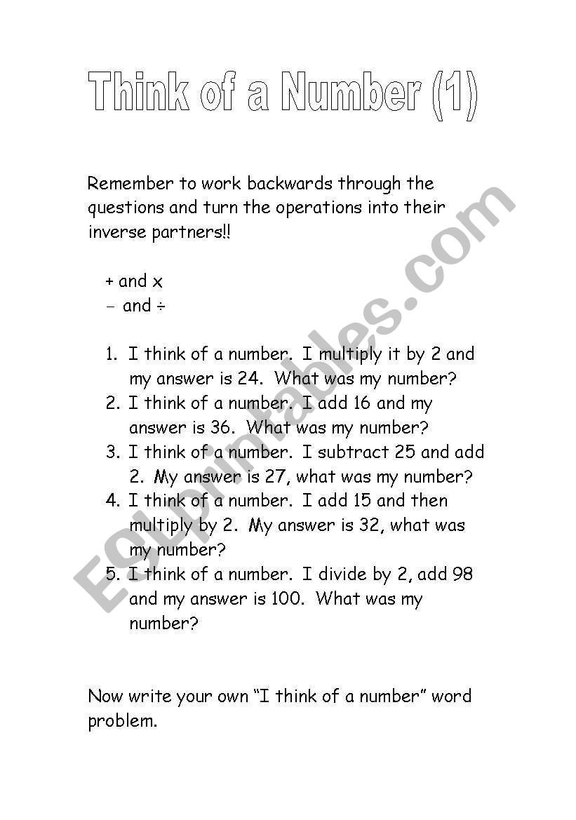 Think of a number worksheet