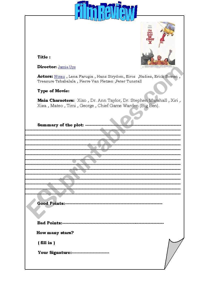 God Must Be Crazy II film Review Worksheet