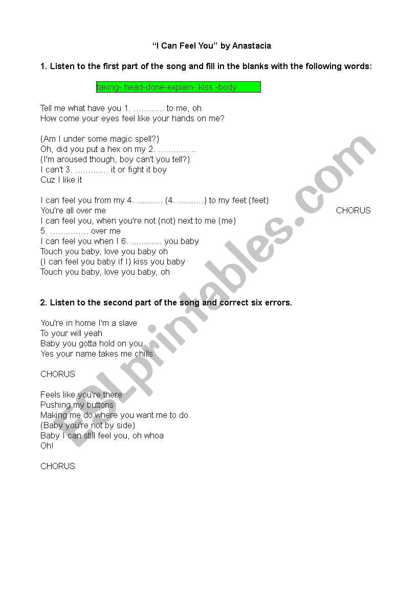Song - I Can Feel You worksheet