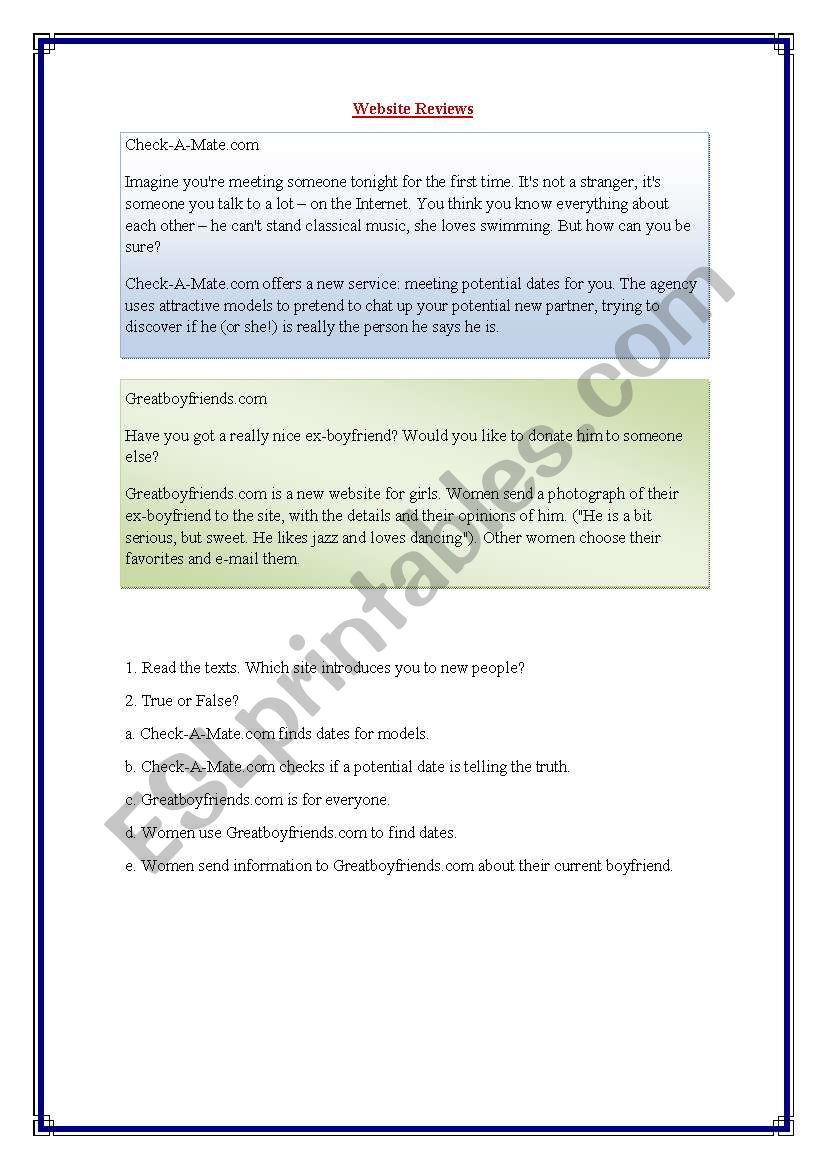 Website Reviews  worksheet