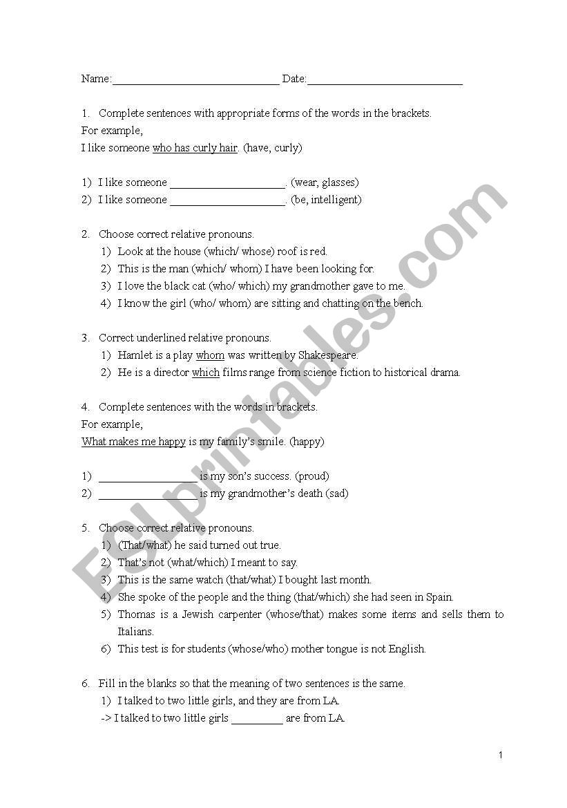 relative clause worksheet worksheet