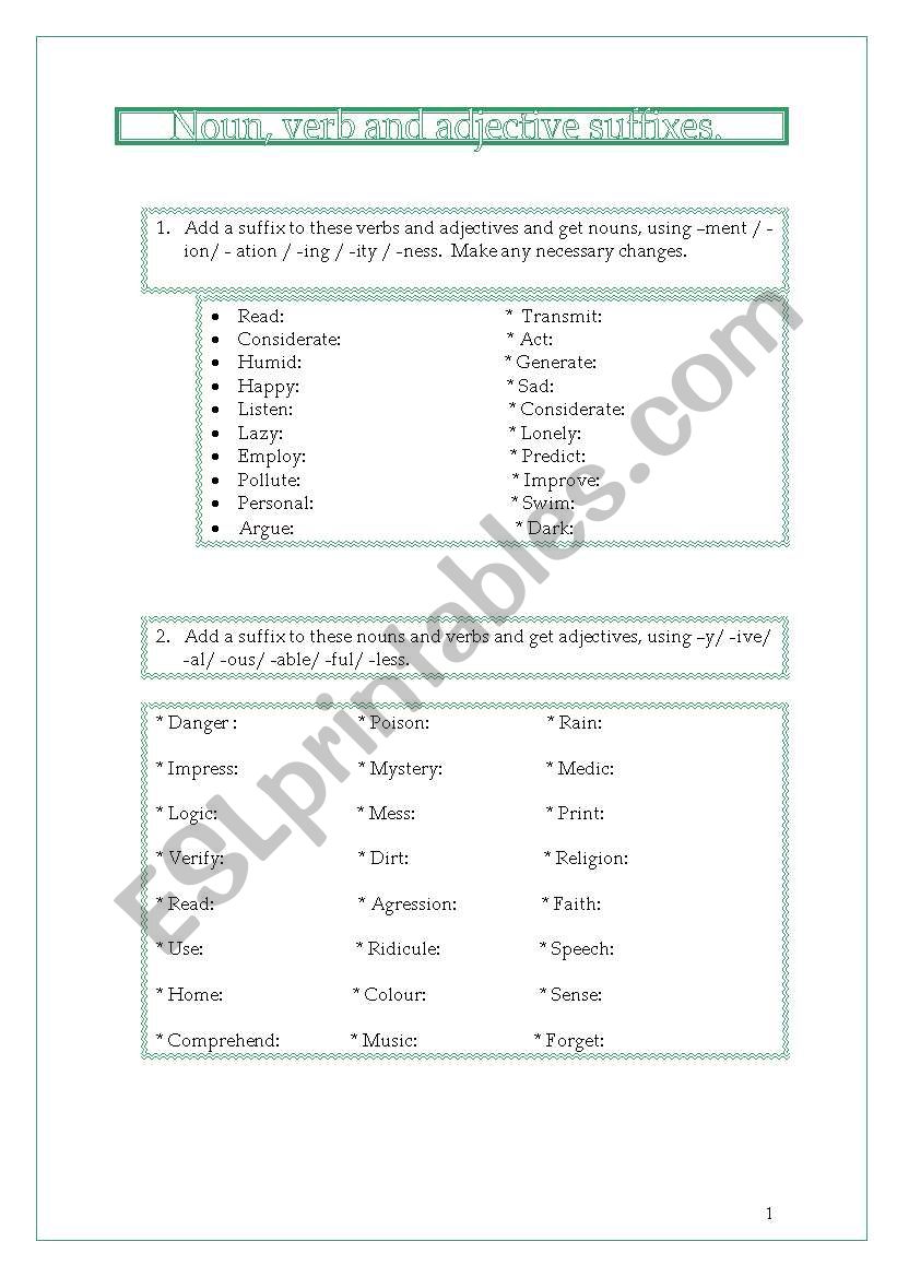 Noun, verb and adjective suffixes