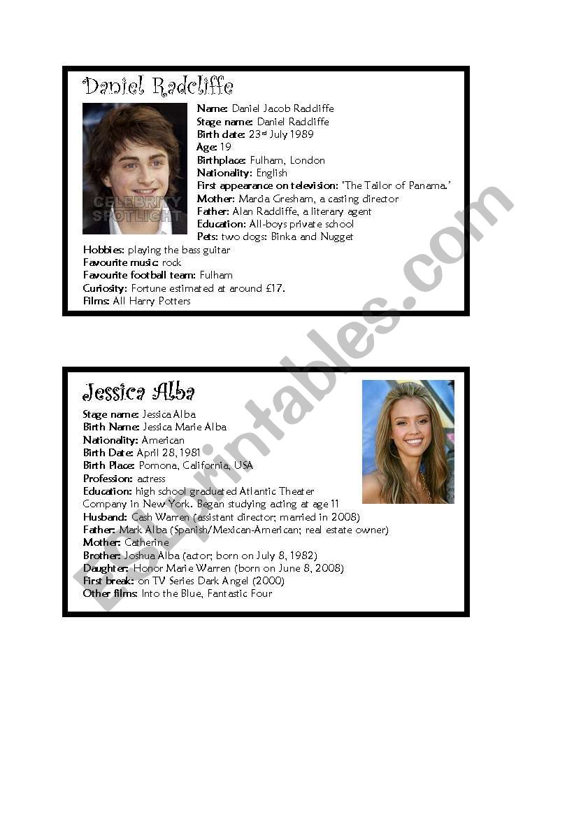 Daniel Radcliffe and Jessica Alba Fact files