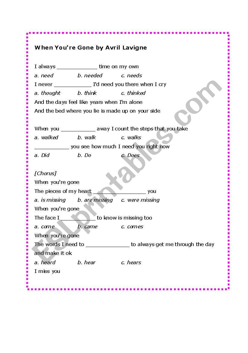 When youre gone!  worksheet