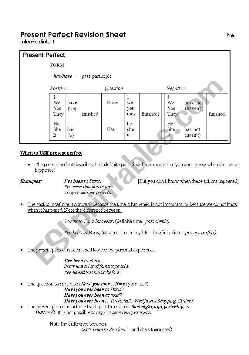 Present Perfect Tense worksheet