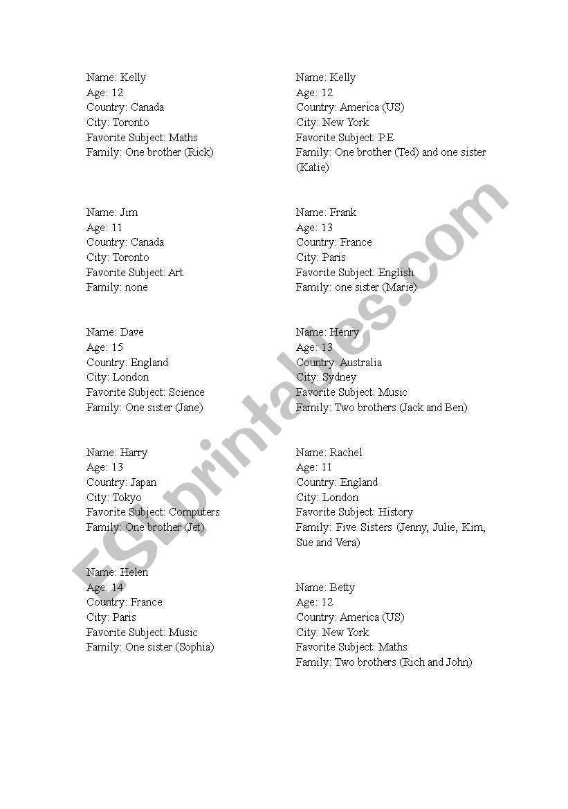 Pen-friend role play worksheet