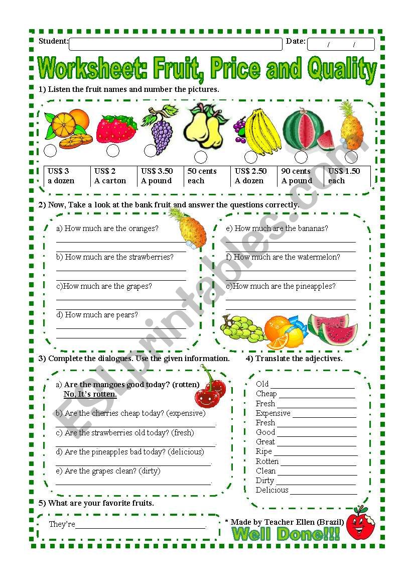 Worksheet: Fruit, Price and Quality