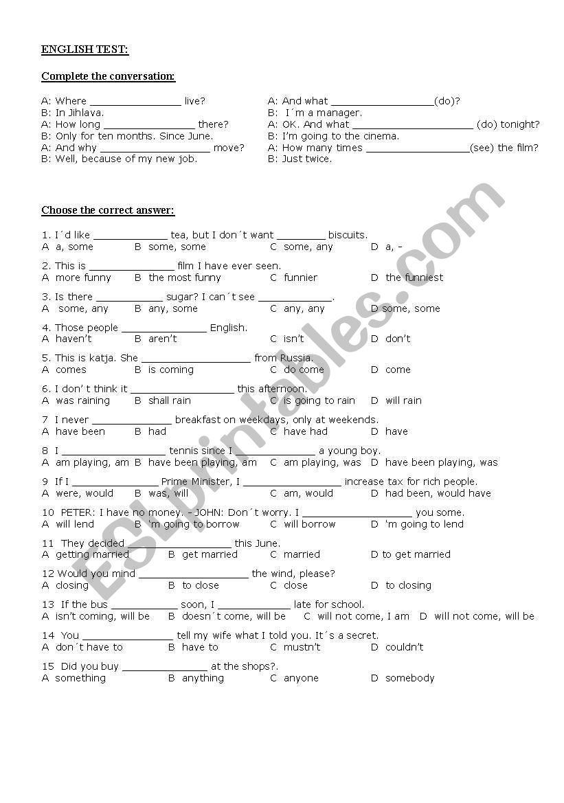 10 minutes basic grammar test worksheet