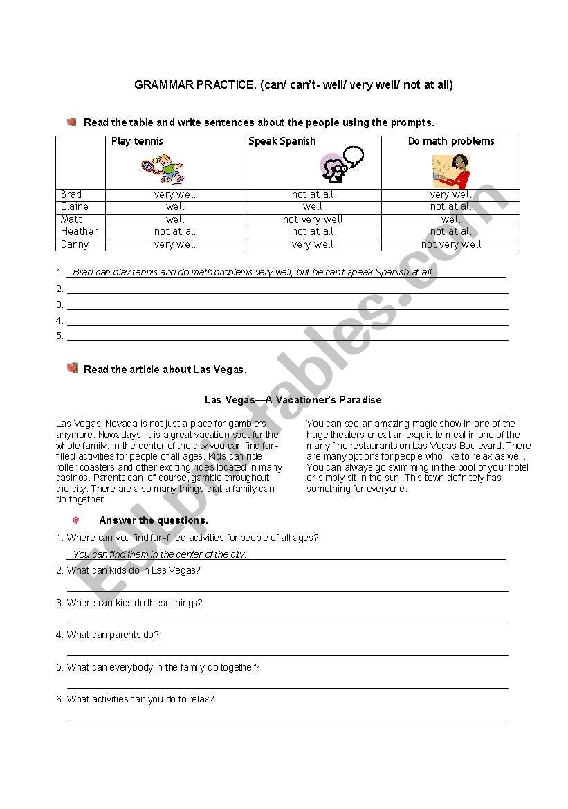 Can CanÂ´t Grammar practice- Reading comprehension Las Vegas