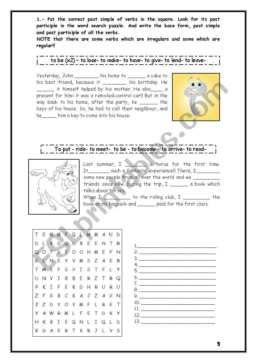sentences and word search puzzle with regular and irregular verbs (past simple & past participle) (5)