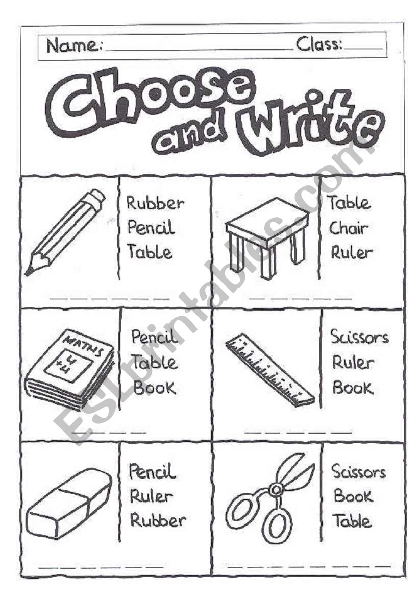 Choose and write -classroom objects