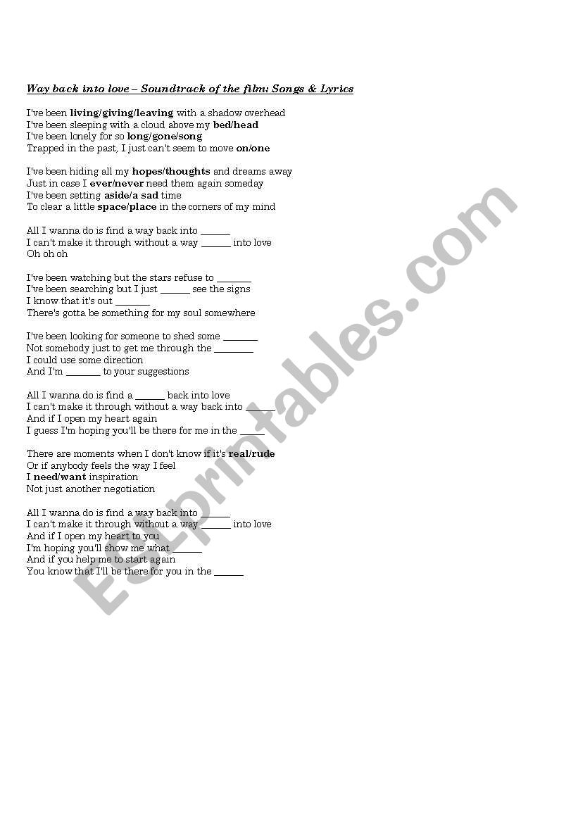 Song Way Back into Love worksheet