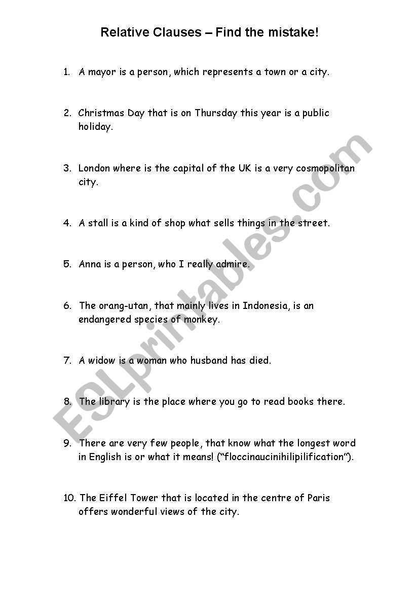 Relative Clauses - Error Correction Practice