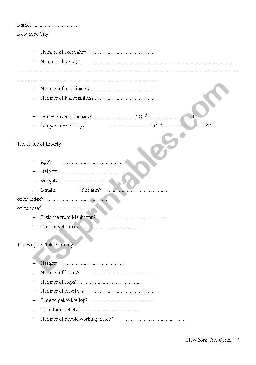 New York City Webquest worksheet