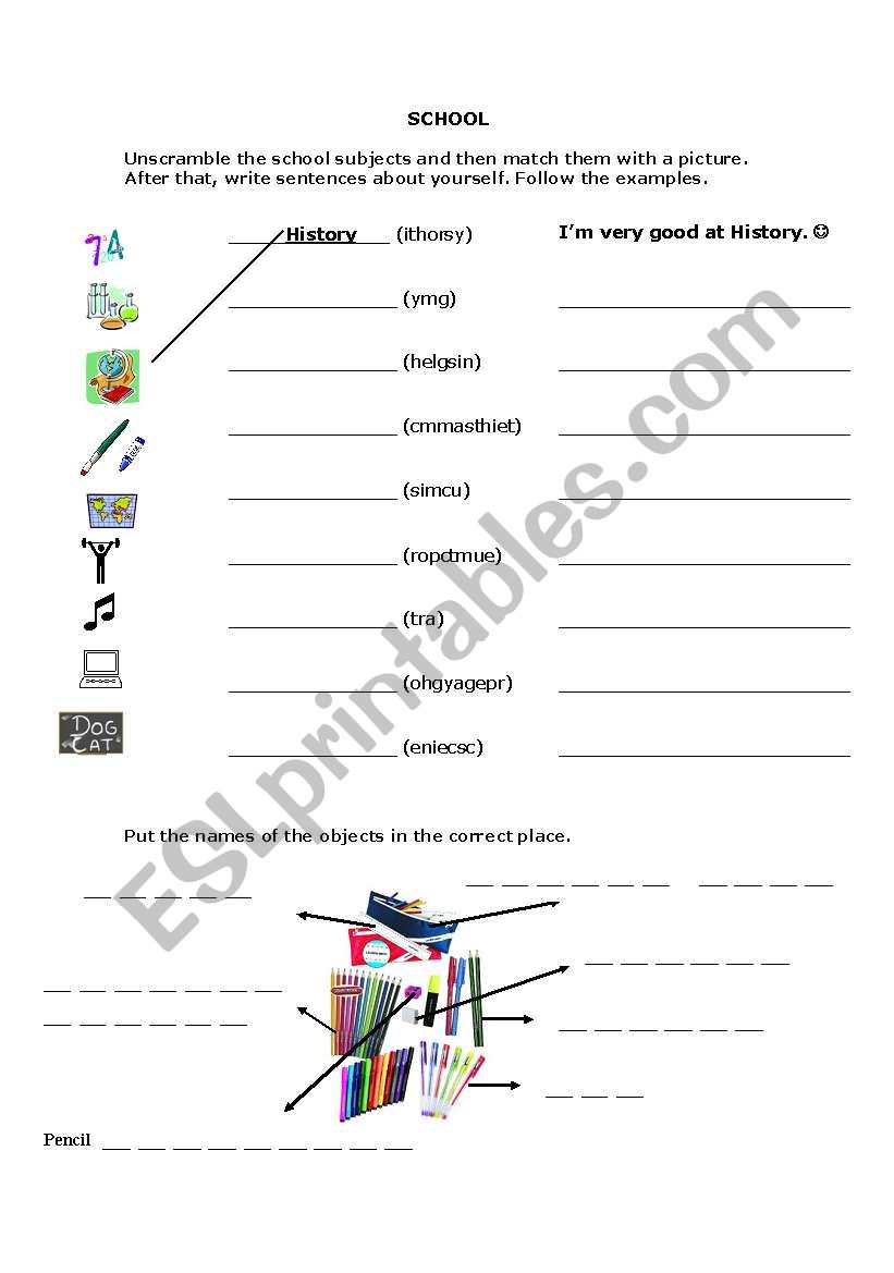 School subejcts and objects worksheet
