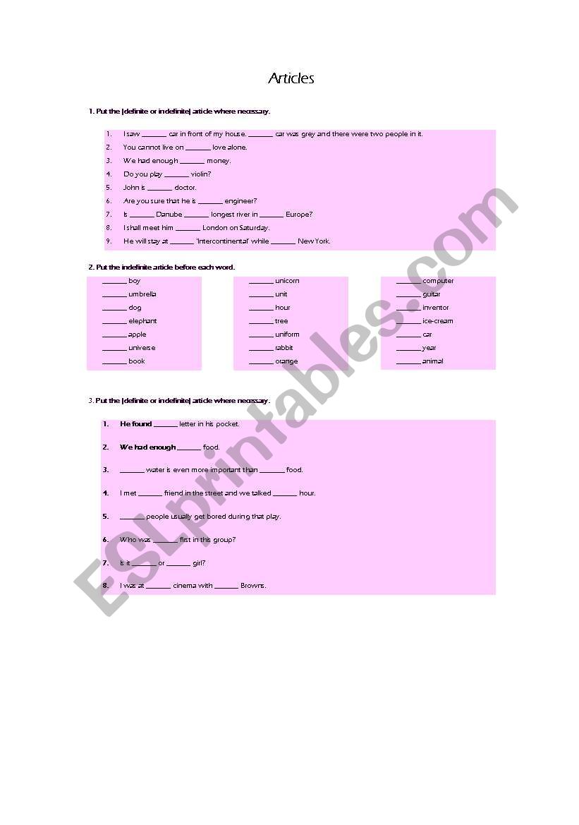 Articles - exercises worksheet