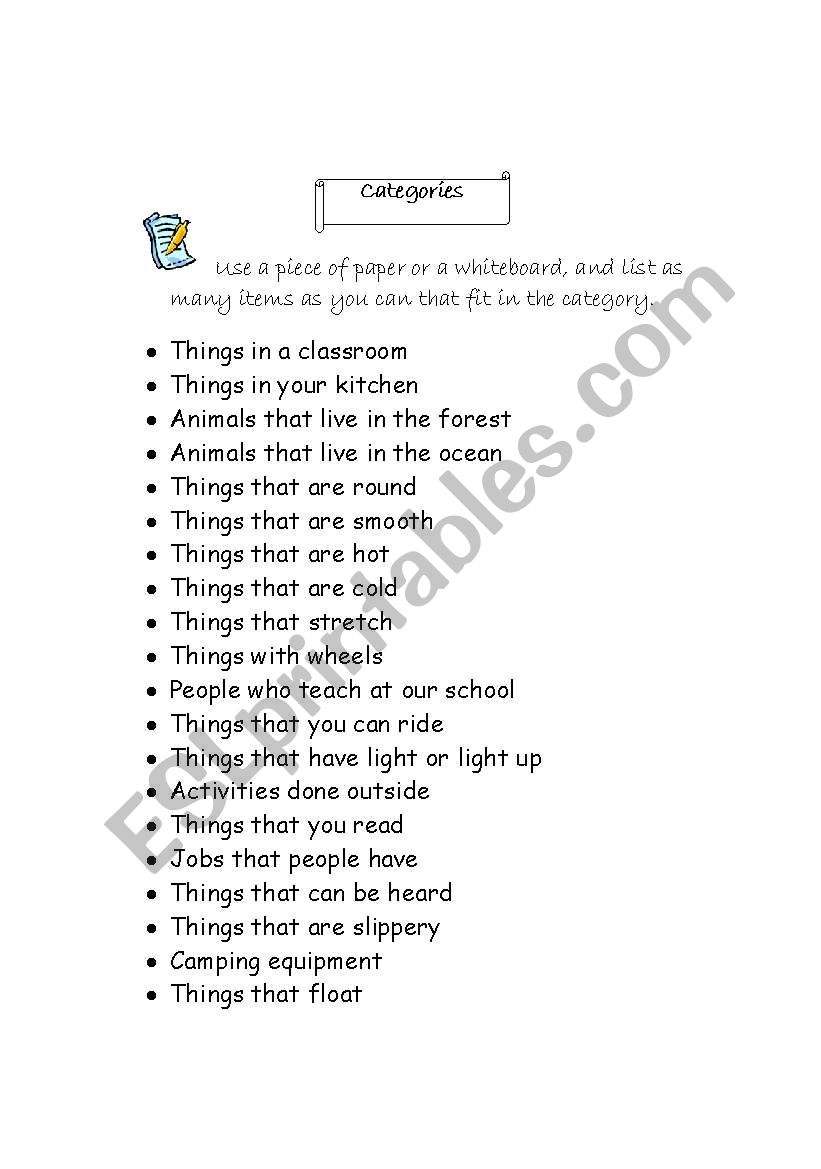 Categorizing worksheet