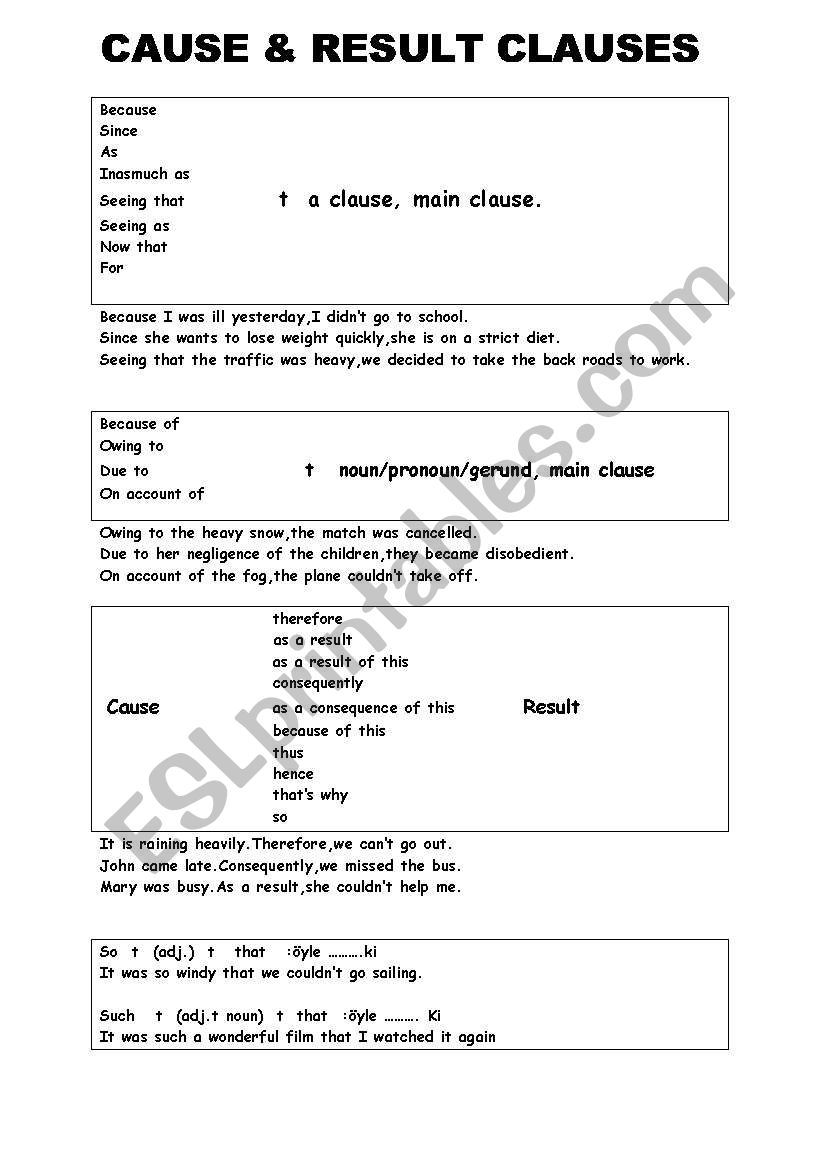 CAUSE & RESULT CLAUSES  worksheet