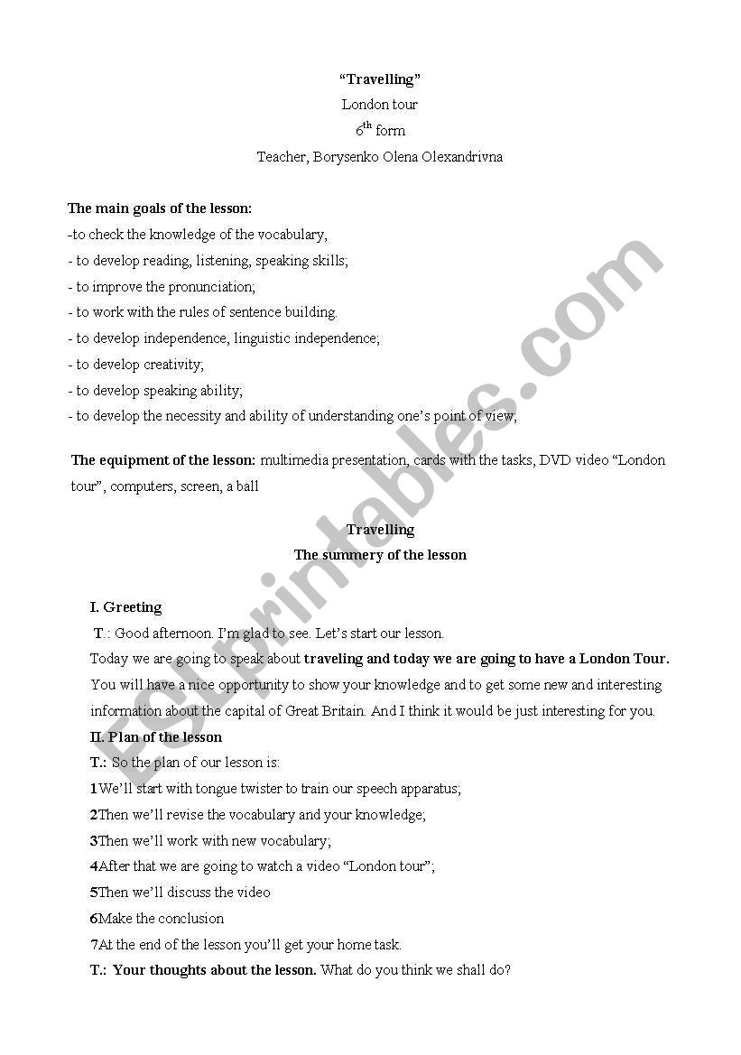 Travelling. London tour worksheet