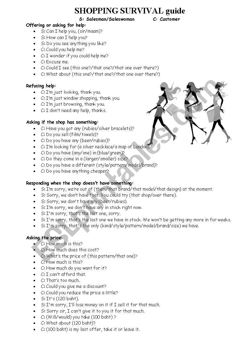 Shopping Survival guide worksheet