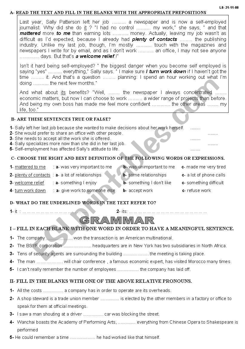 comprehension and grammar worksheet