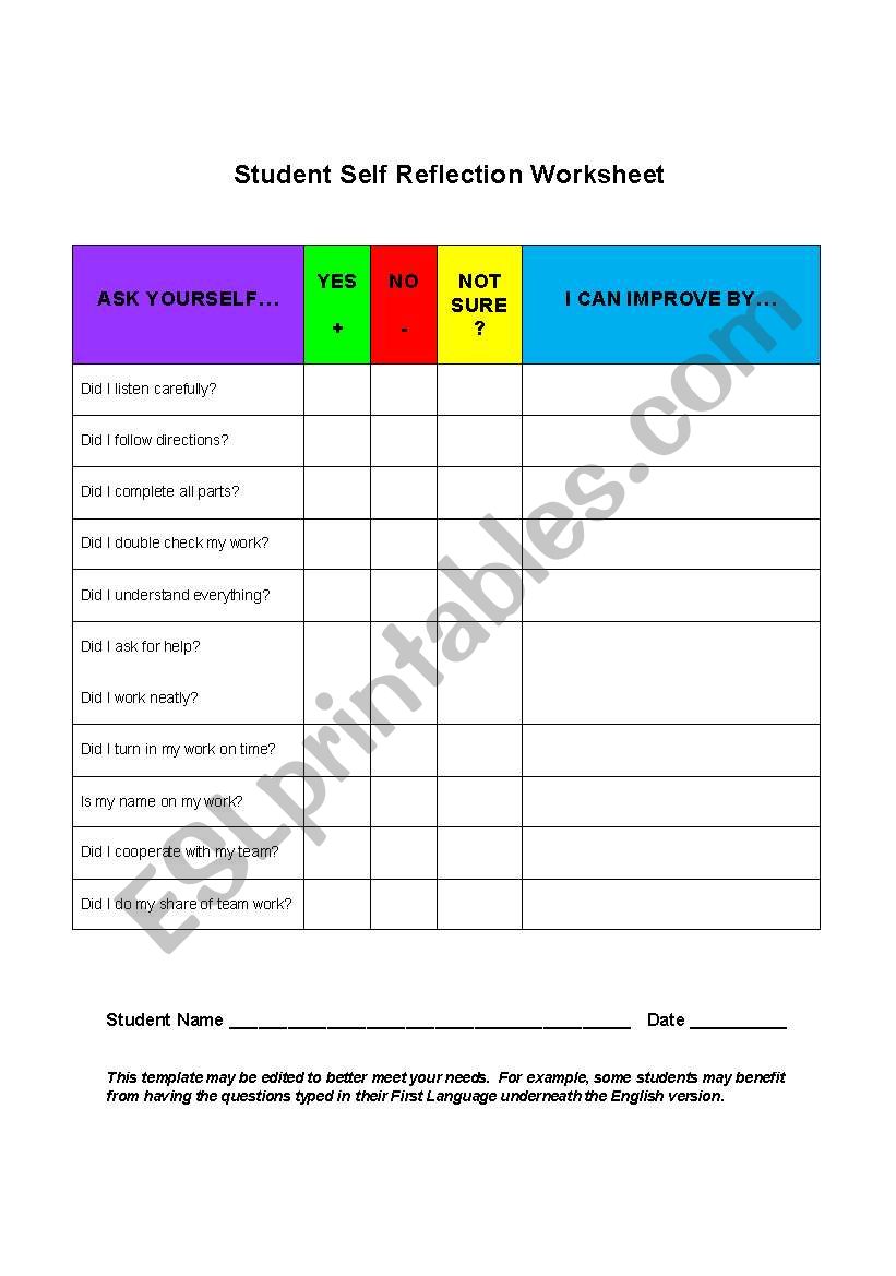 Student Self-Reflection Worksheet