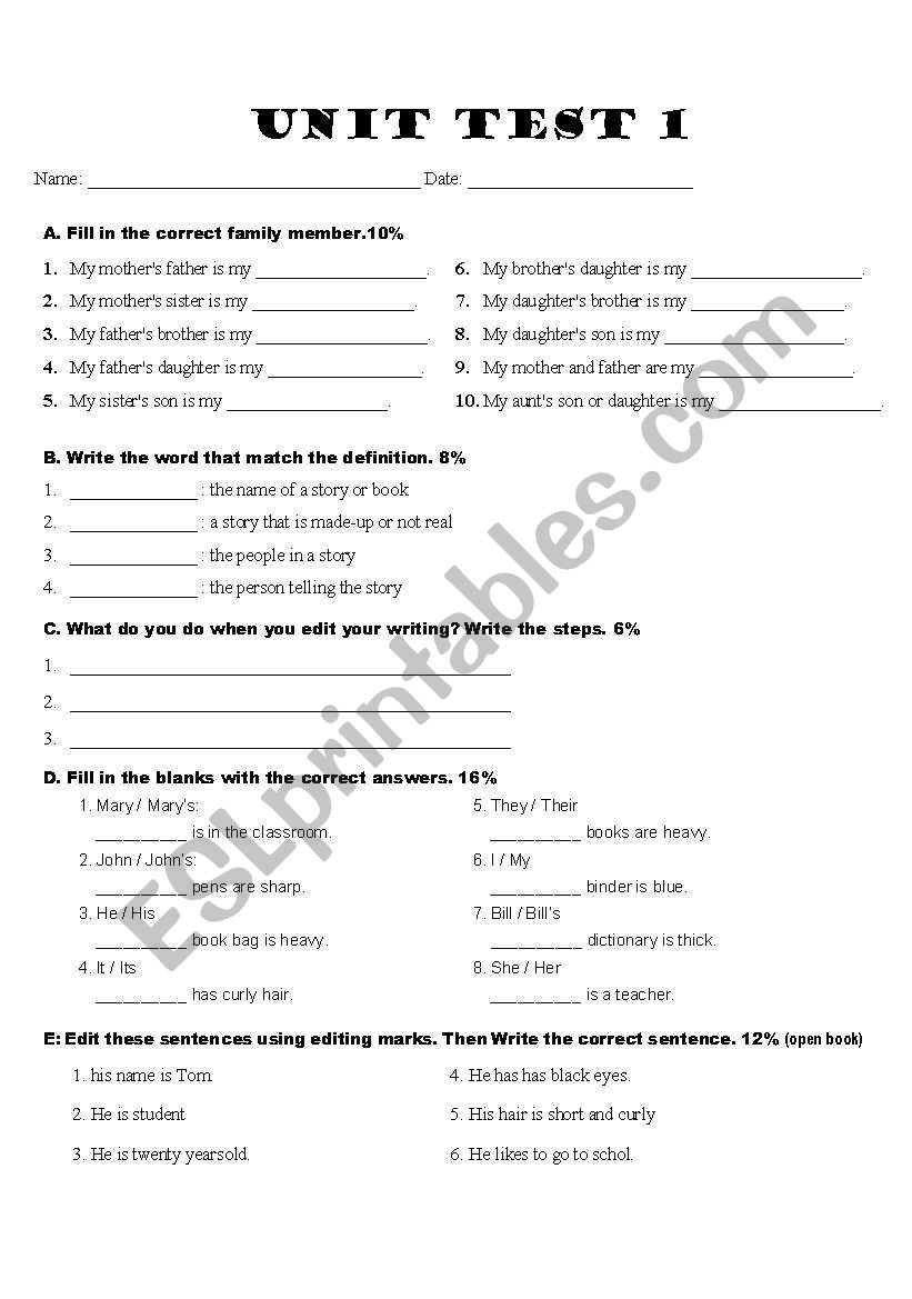 ESL Unit Test worksheet